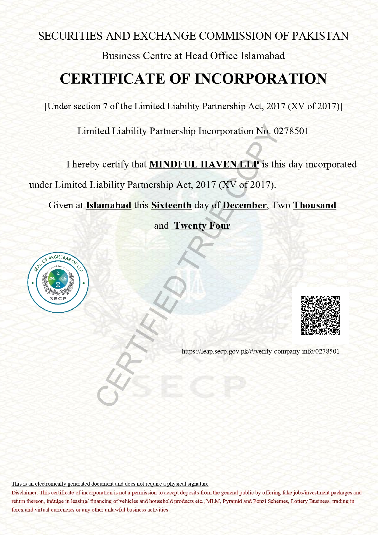 Certificate of Incorporation for Mindful Haven LLP